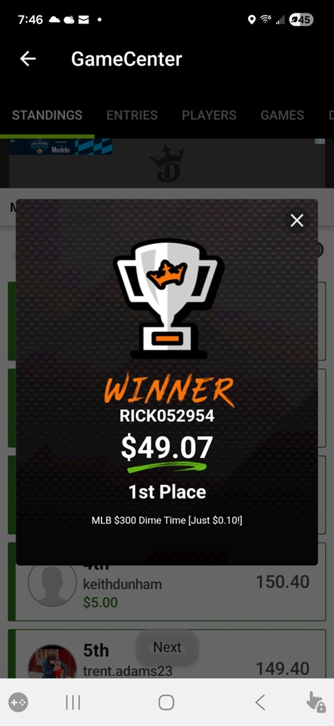MLB $300 Dime Time, 1st and 3rd place