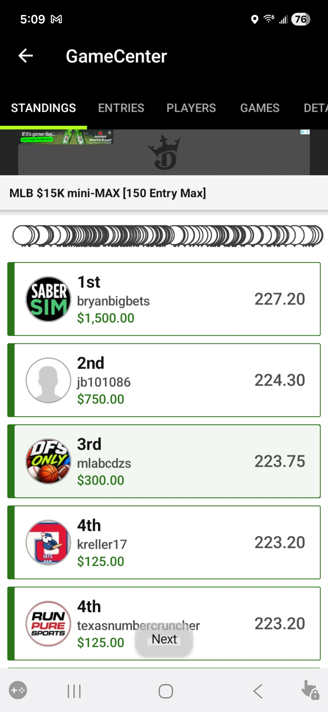 DFS Only — MLB $15K mini-MAX, 3rd place, $300