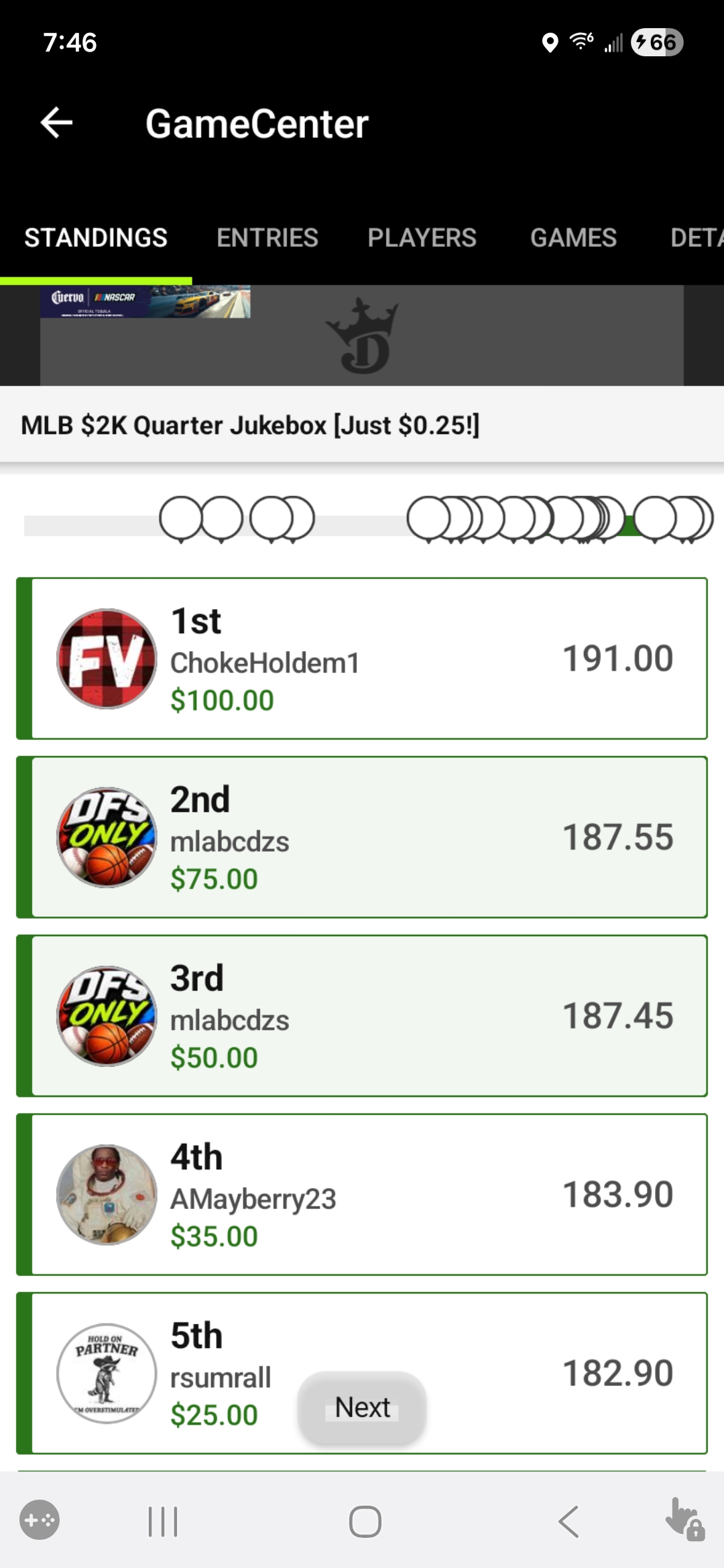 DFS Only — MLB $2K Quarter Jukebox, 2nd and 3rd place