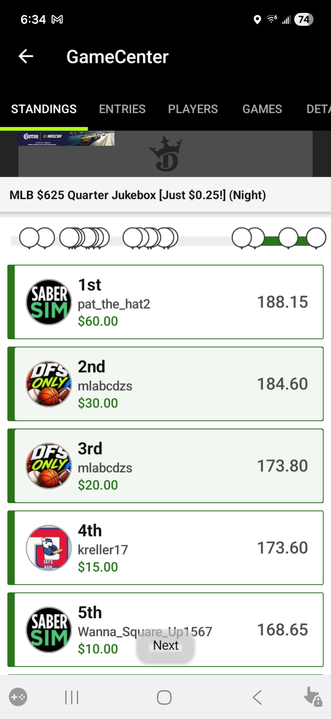 DFS Only — MLB $625 Quarter Jukebox, 2nd and 3rd place