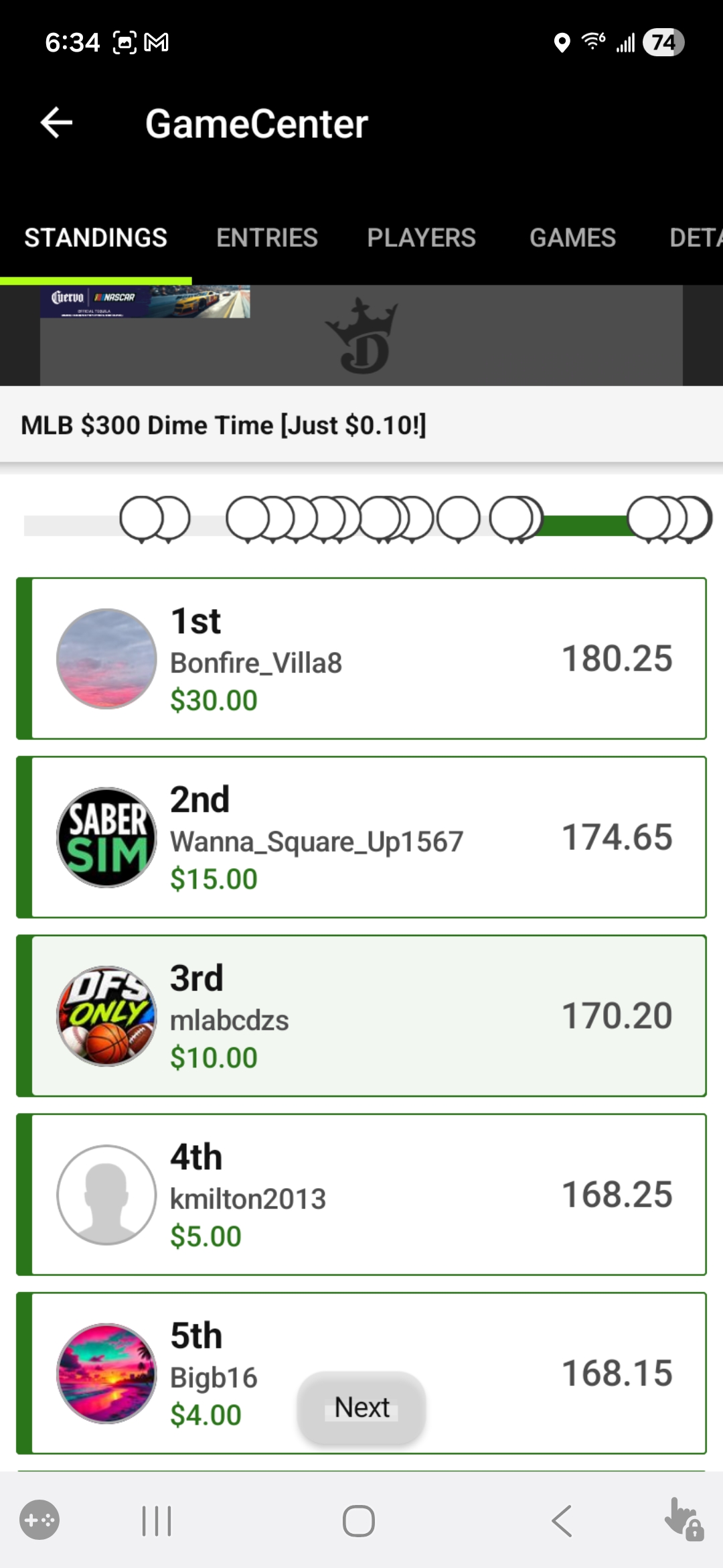 DFS Only — MLB $300 Dime Time, 3rd place